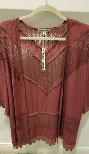 Blush woven open front chevron crochet cardian